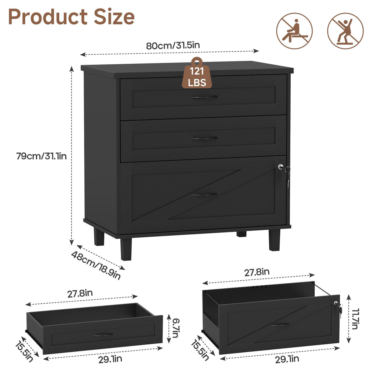 3-Drawer Wooden File Cabinet with Lock H72792