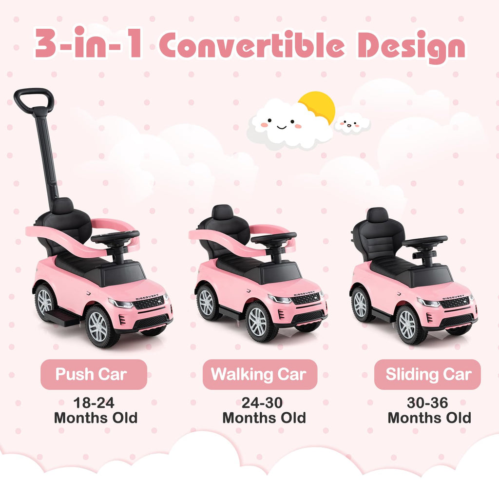 3 in 1 Push Car with Handle, Horn Sound, Underneath Storage, Armrest Guardrail, Foot-to-Floor Ride On Toy (Pink) V610