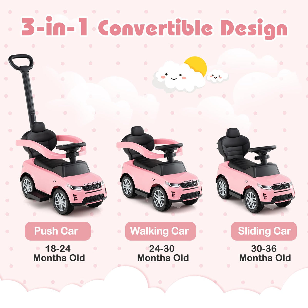 3 in 1 Push Car with Handle, Horn Sound, Underneath Storage, Armrest Guardrail, Foot-to-Floor Ride On Toy (Pink) V610