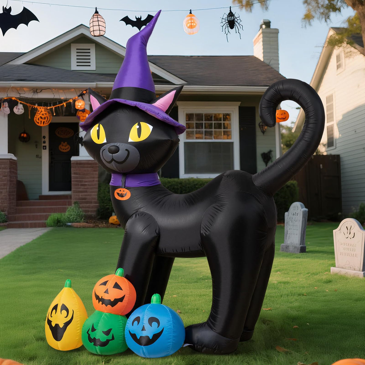 6FT Inflatable Black Cat with Witch Hat and 4 Pumpkins K454