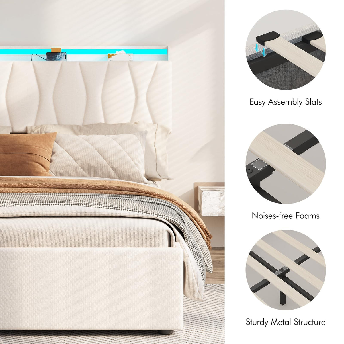 Beige Full Size Lift Up Storage Bed Frame with Charging Station D25786