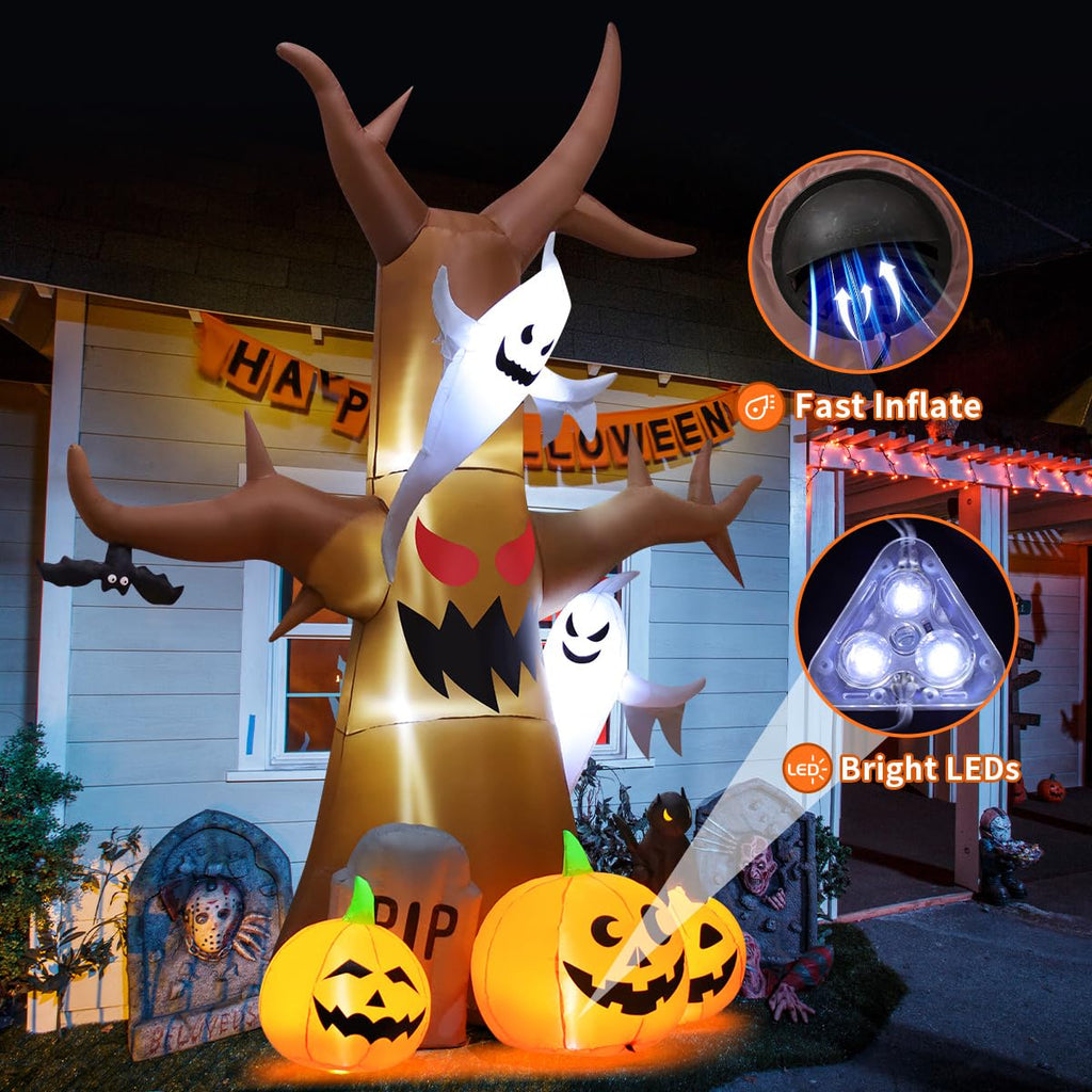 12 FT Halloween Inflatable Tree with Pumpkin Ghost Tombstone Built-in LEDs N7837