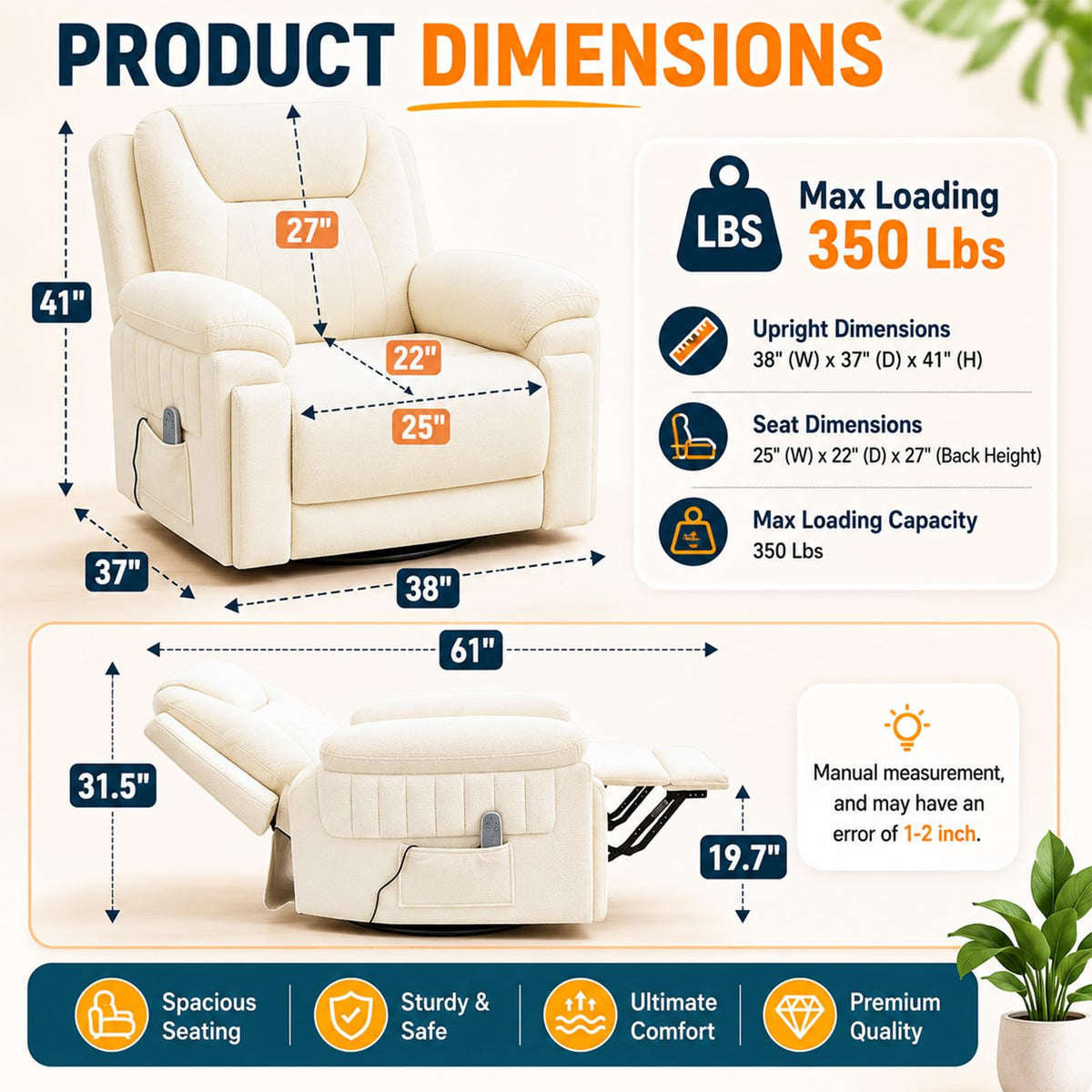 Cream White Electric Automatic Rocking Recliner Chair Q844