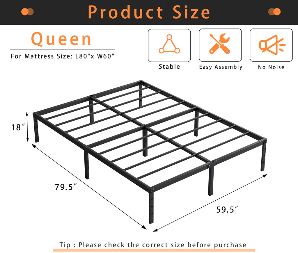 Queen Size 18 Inch Tall Black Metal Platform Bed Frame U78257