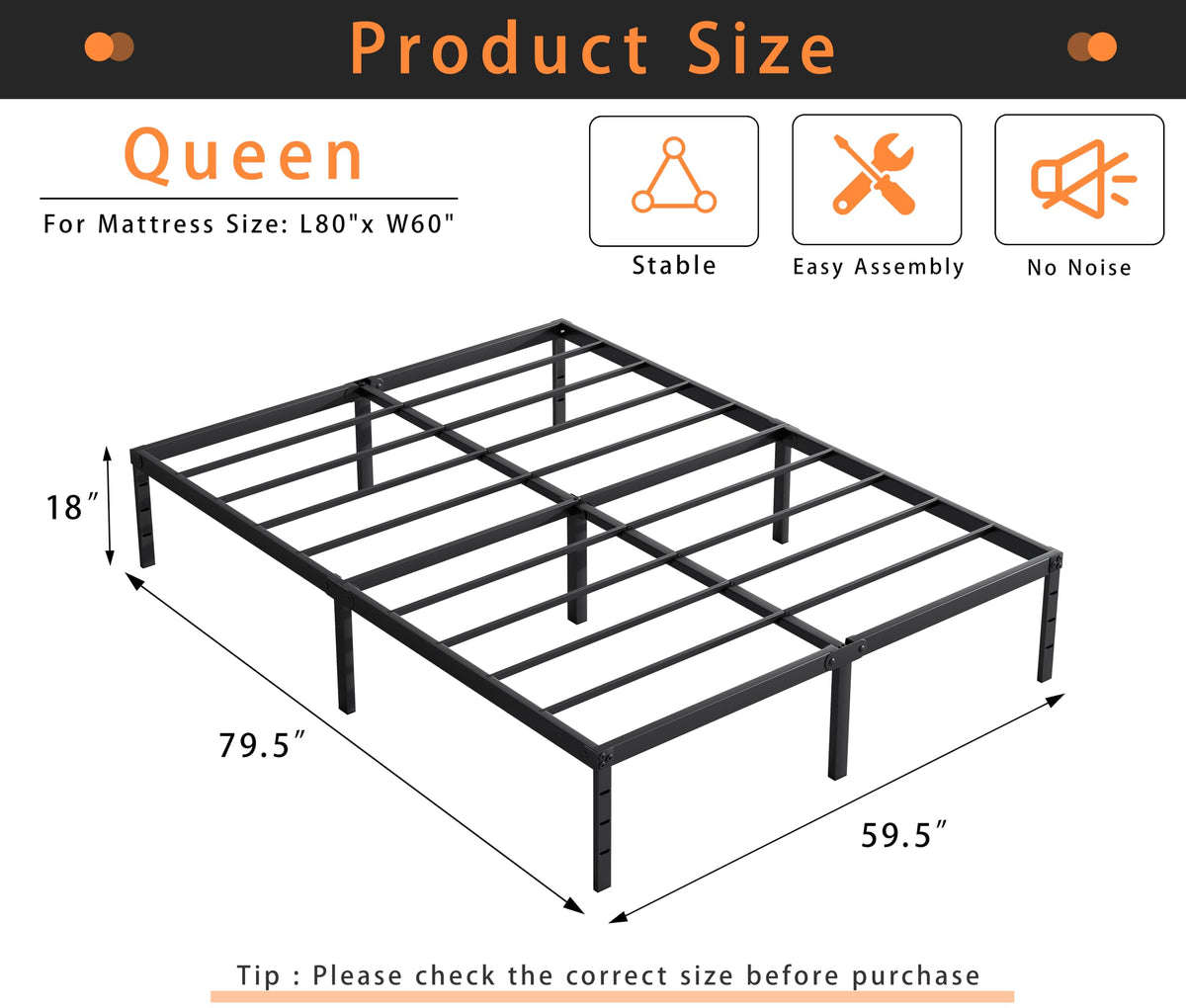 Queen Size 18 Inch Tall Black Metal Platform Bed Frame U78257