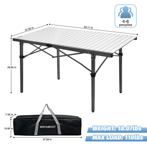29.9" Tall Folding Camping Table for 2-6 Person, 54.7" Large Aluminum Foldable Roll-up Table Outdoor with Carry Bag for Picnic, Camp, Sturdy, Backyard, Patio F59726