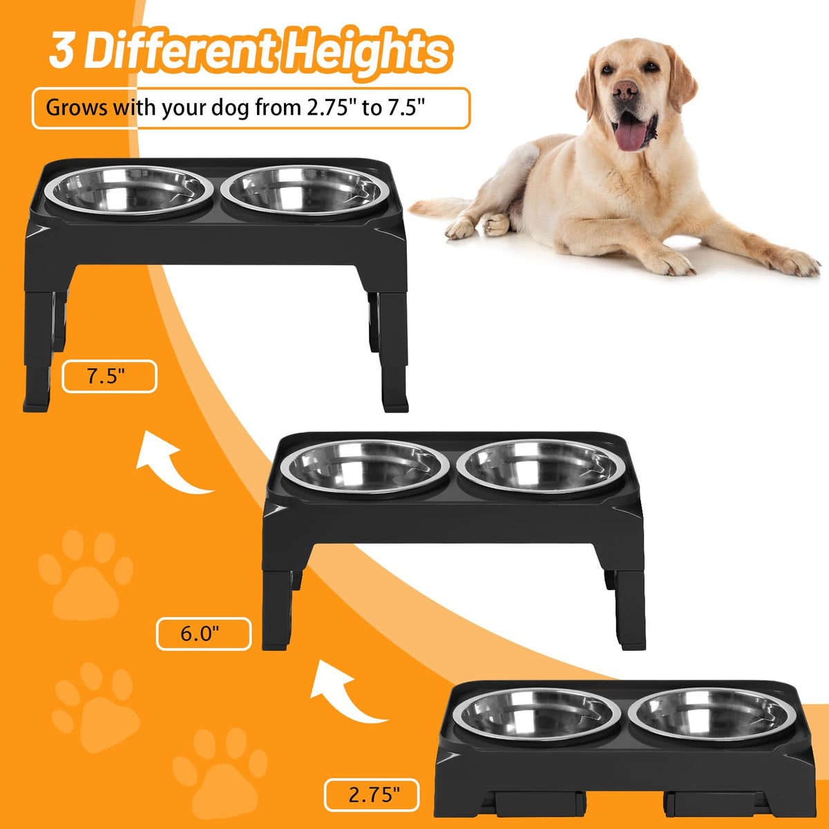 Elevated Dog Bowls with 2 Stainless Steel Bowls Non-Slip Adjusts to 3 Heights L212527