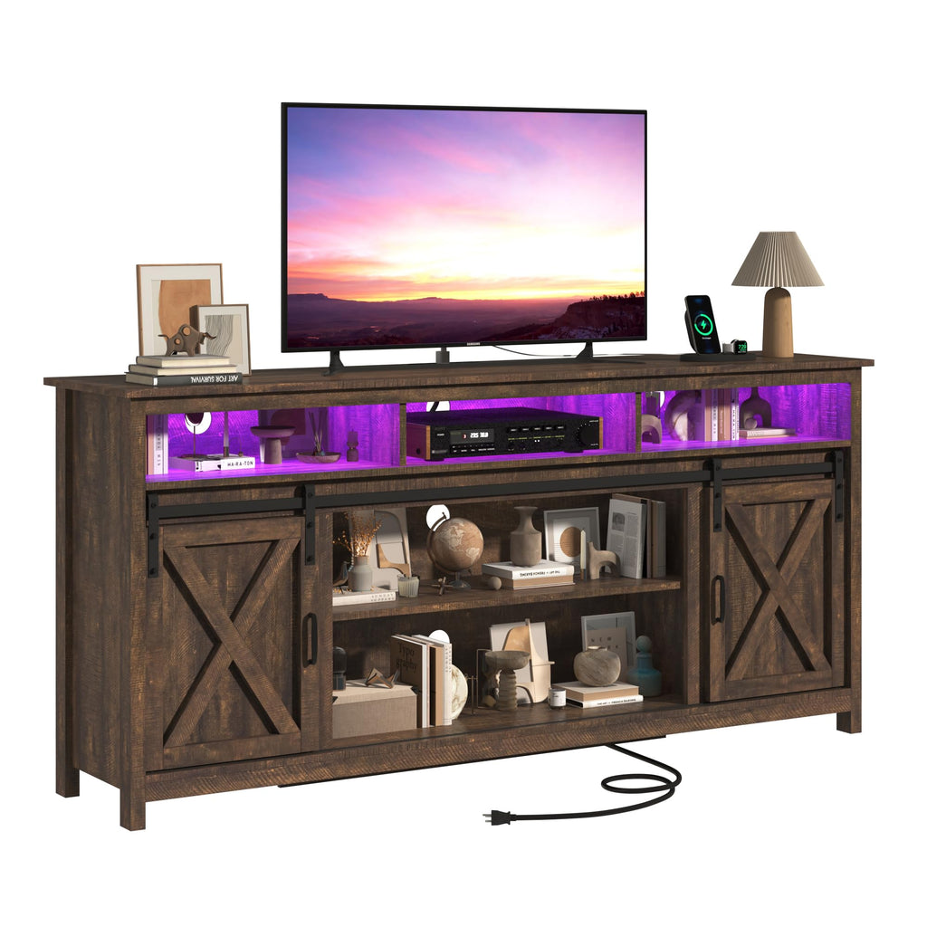 Farmhouse TV Stand with Power Outlet and Sliding Barn Doors F8924