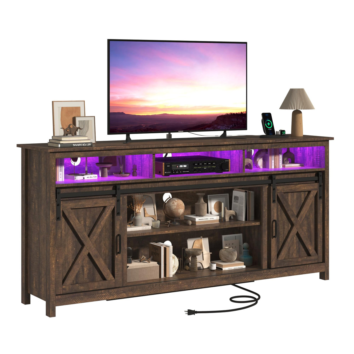 Farmhouse TV Stand with Power Outlet and Sliding Barn Doors F8924