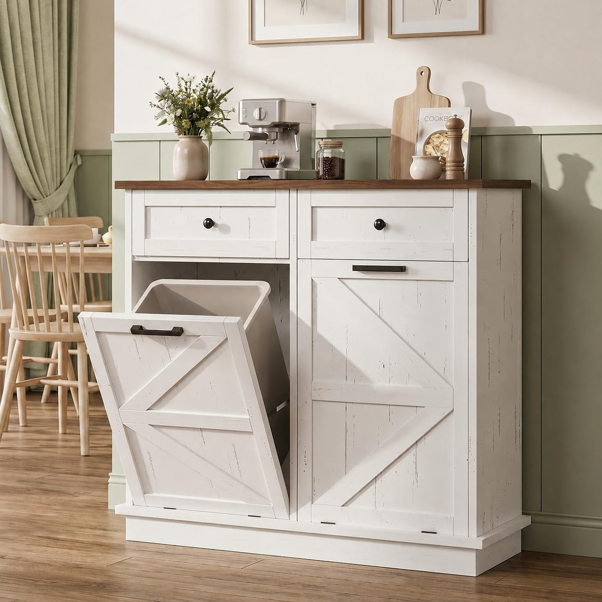 White Double Tilt Out Trash Can Cabinet with 2 Drawers E832211