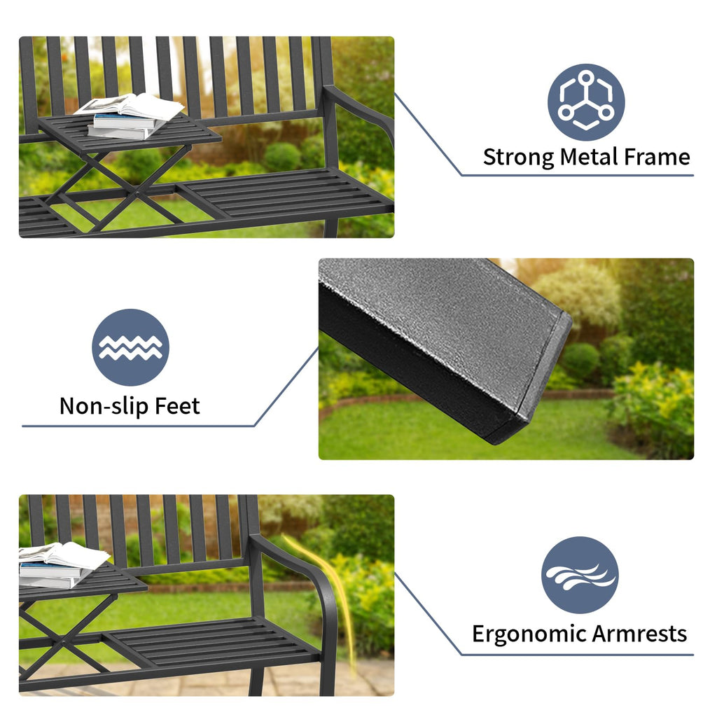 59 Inches Metal Outdoor Bench with Pull-Out Table D733