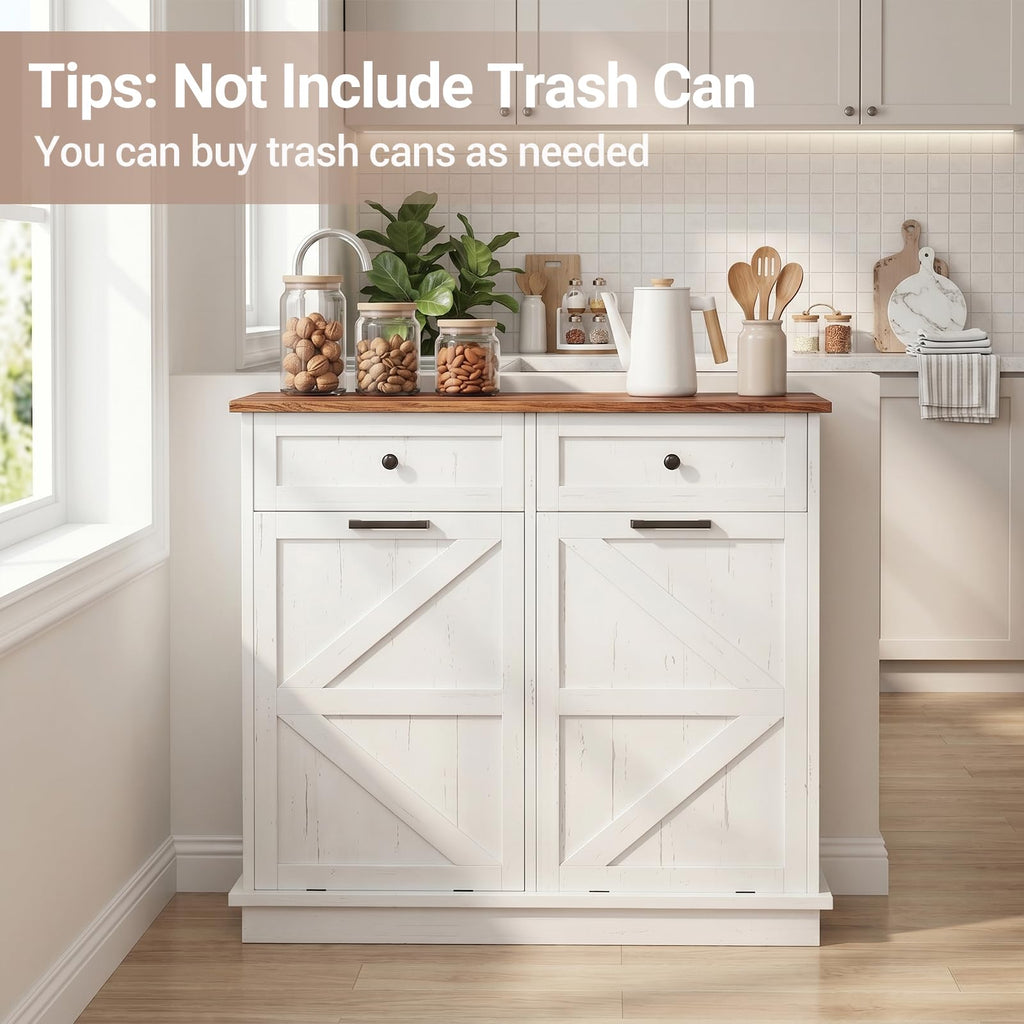 White Double Tilt Out Trash Can Cabinet with 2 Drawers E832211