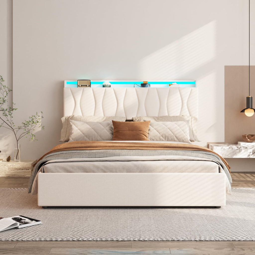 Beige Full Size Lift Up Storage Bed Frame with Charging Station D25786