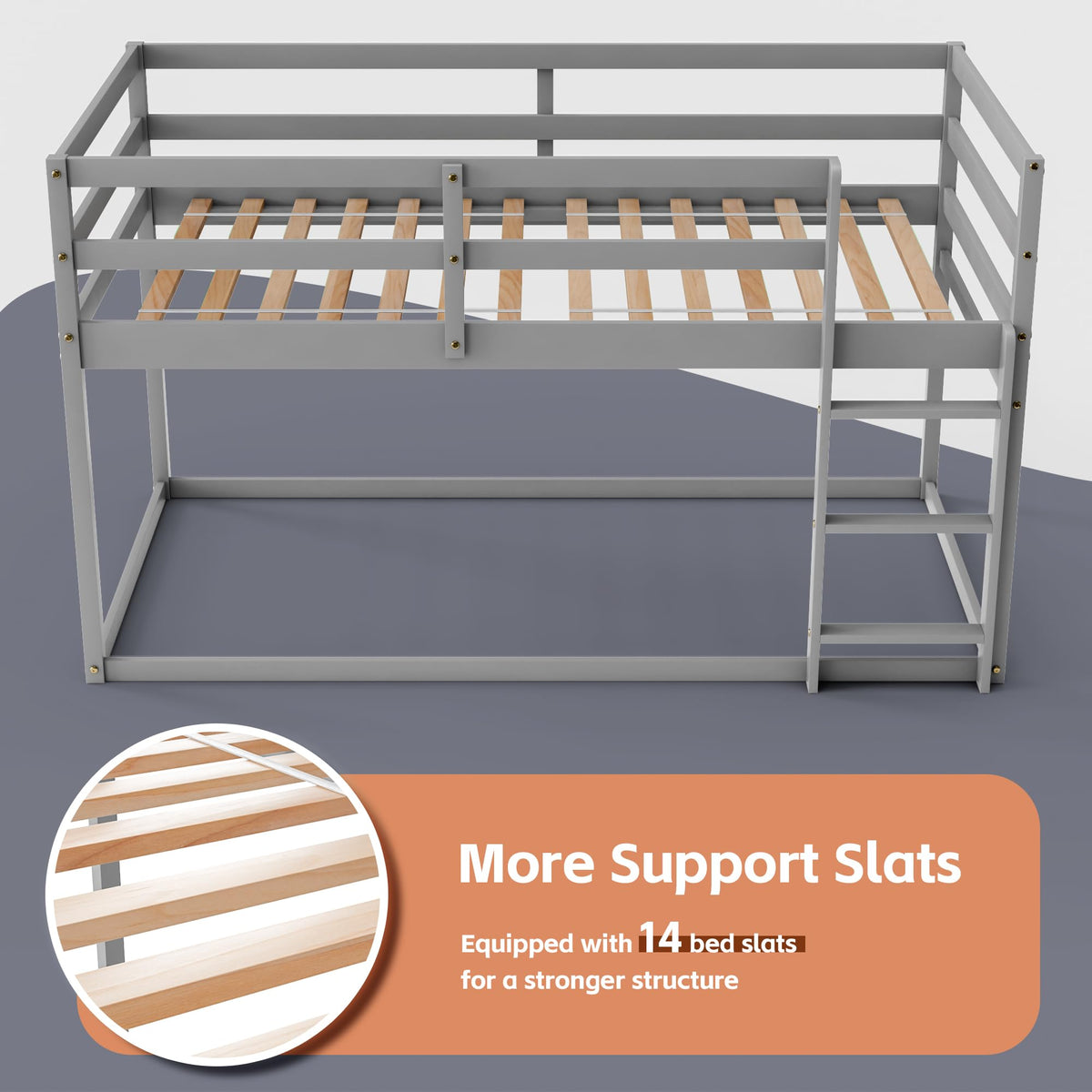 Low Twin Over Twin Wooden Bunk Bed with Ladder and Guardrails J591833