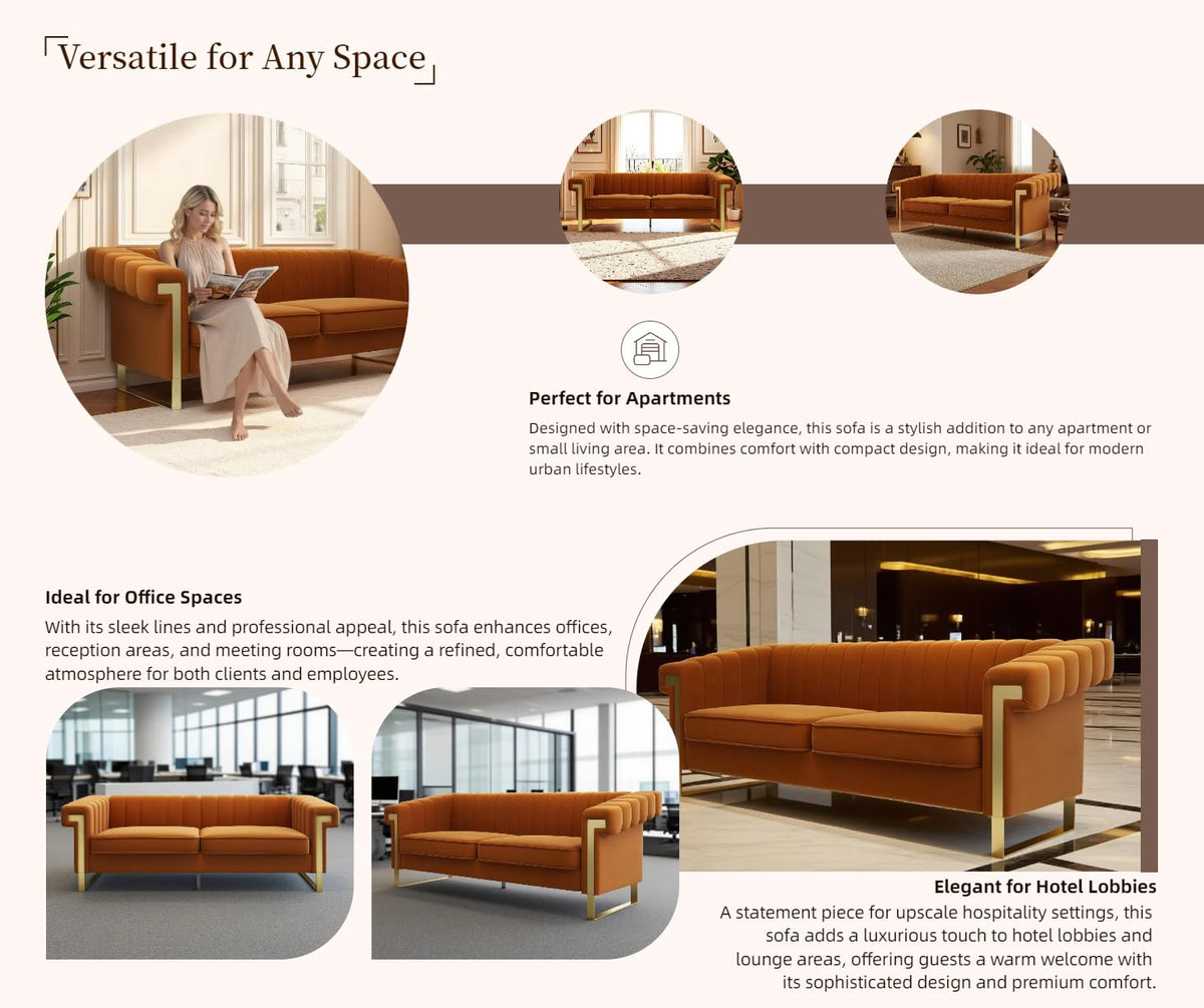 Orange Velvet 3 Seater Sofa with Gold Metal Legs M572