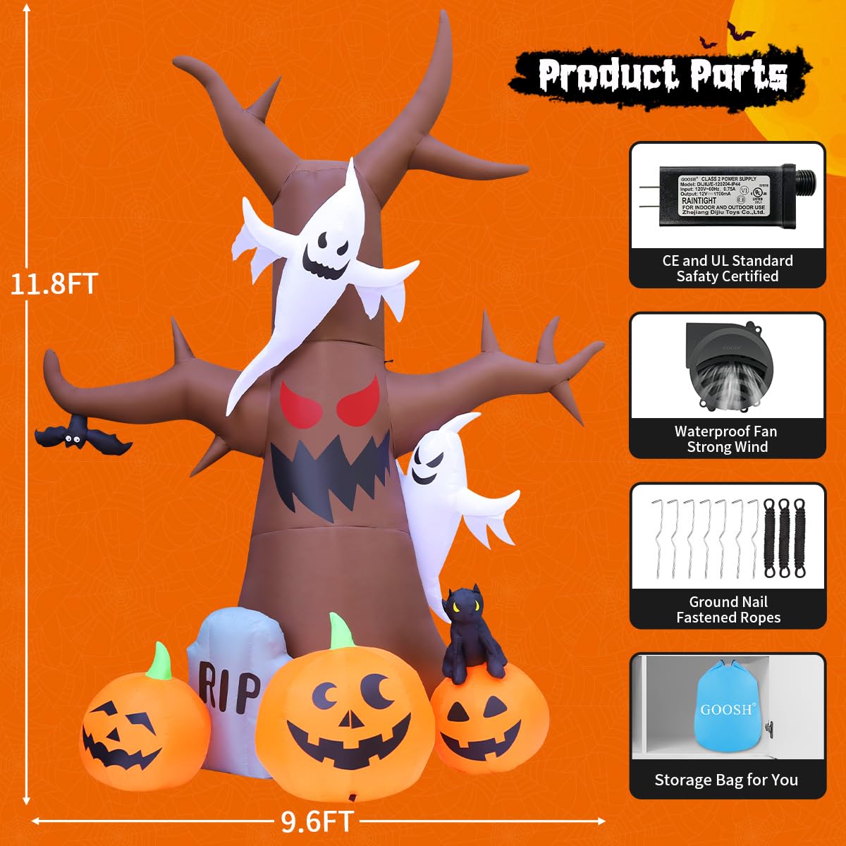 12 FT Halloween Inflatable Tree with Pumpkin Ghost Tombstone Built-in LEDs N7837