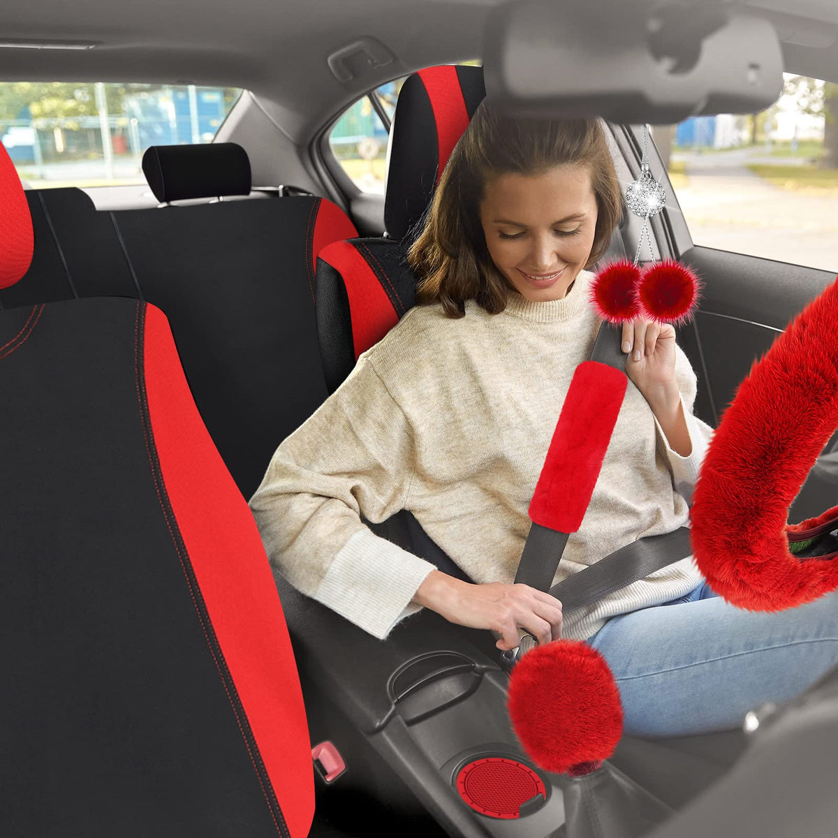Red Black Car Seat Cover Full Set N294327