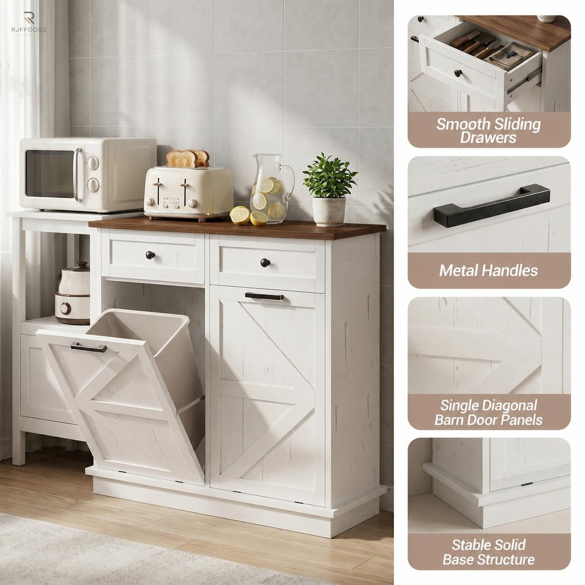 White Double Tilt Out Trash Can Cabinet with 2 Drawers E832211