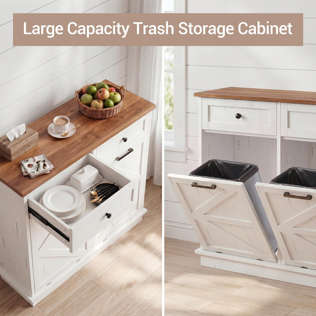 White Double Tilt Out Trash Can Cabinet with 2 Drawers E832211