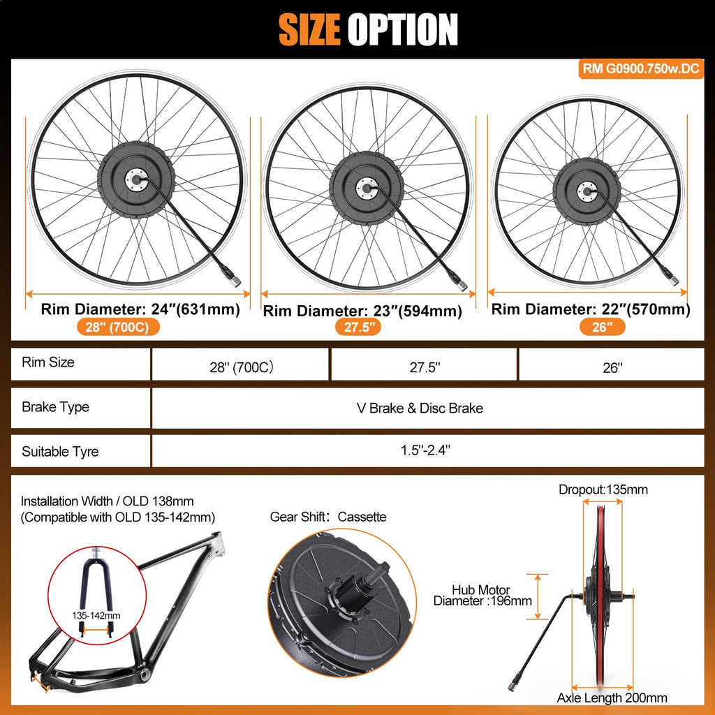 48V 750W Electric Bicycle Conversion Kit Rear Hub Motor Wheel J327787