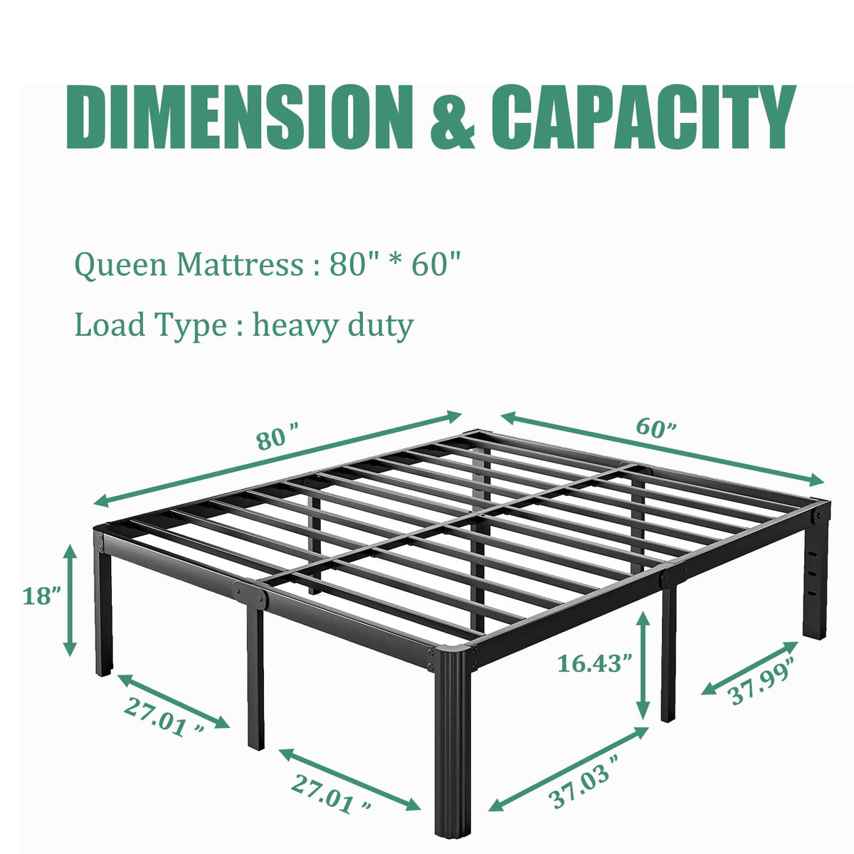 18 Inch Metal Bed Frame Queen Size Black N64518