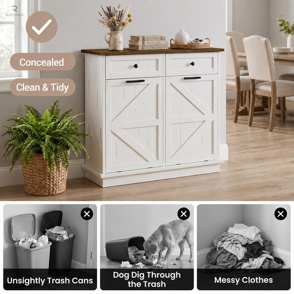 White Double Tilt Out Trash Can Cabinet with 2 Drawers E832211