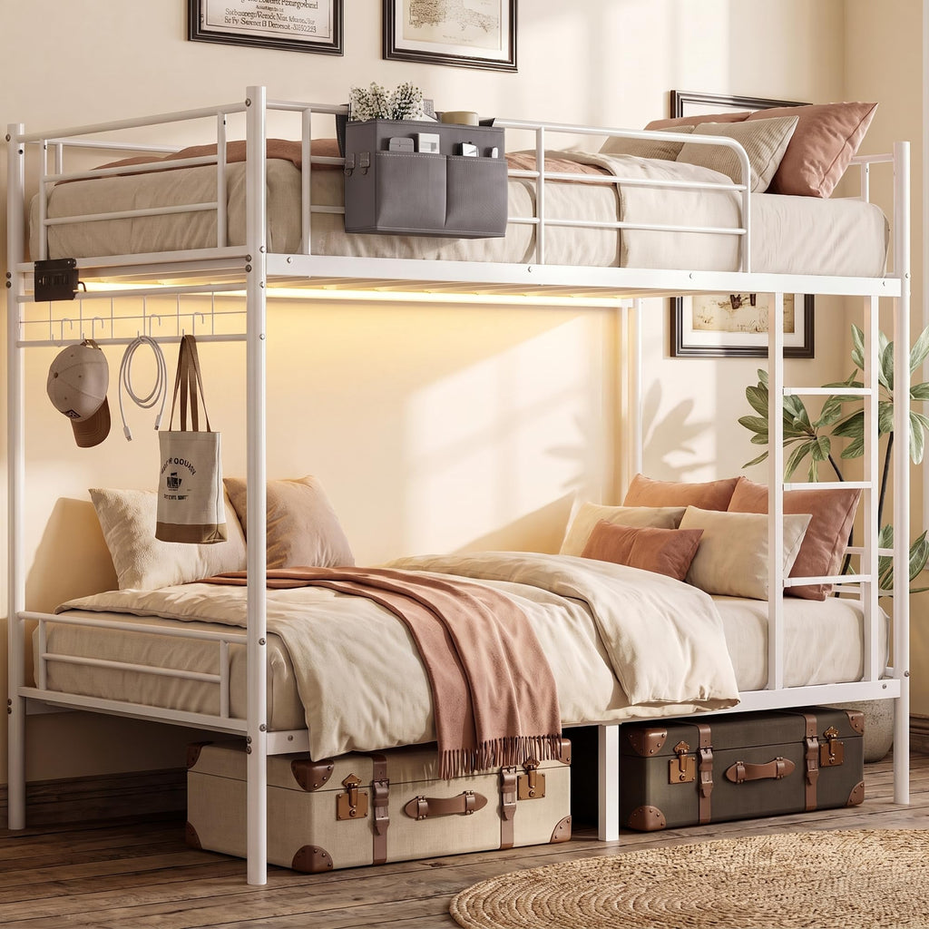 White Twin Over Twin Bunk Bed with LED Lights and Charging Station L183
