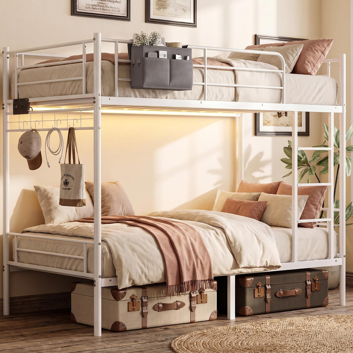 White Twin Over Twin Bunk Bed with LED Lights and Charging Station L183