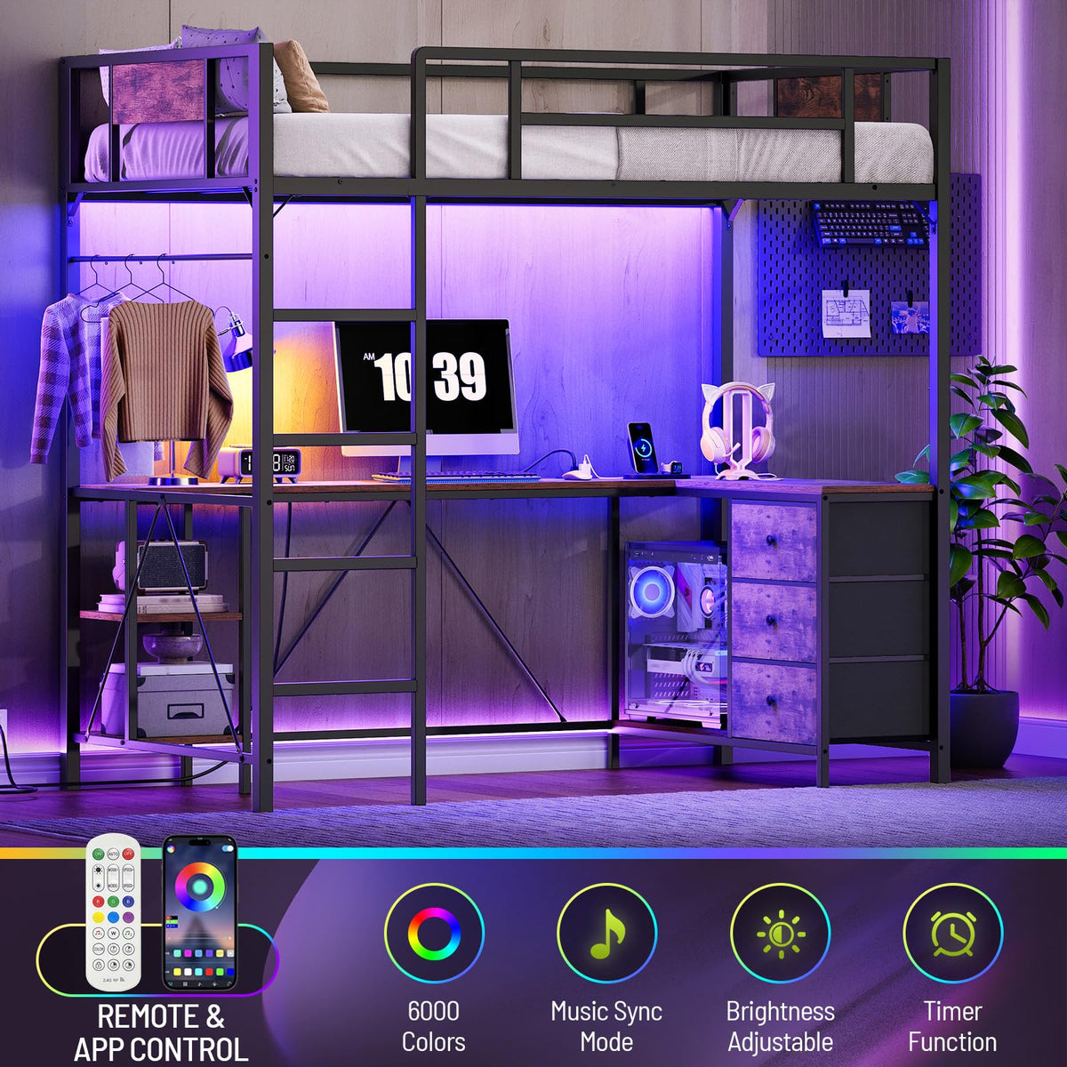 Twin Size Metal Loft Bed with L-Shaped Desk, 3 Storage Drawers, LED Light & Ladder U37846
