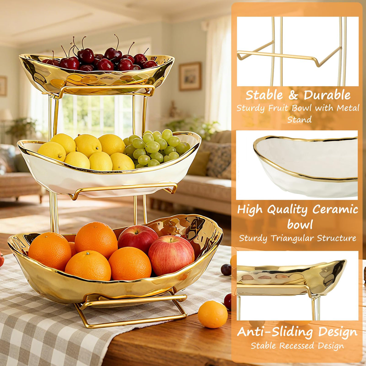 3 Tier Ceramic Fruit Bowl with Metal Rack V948