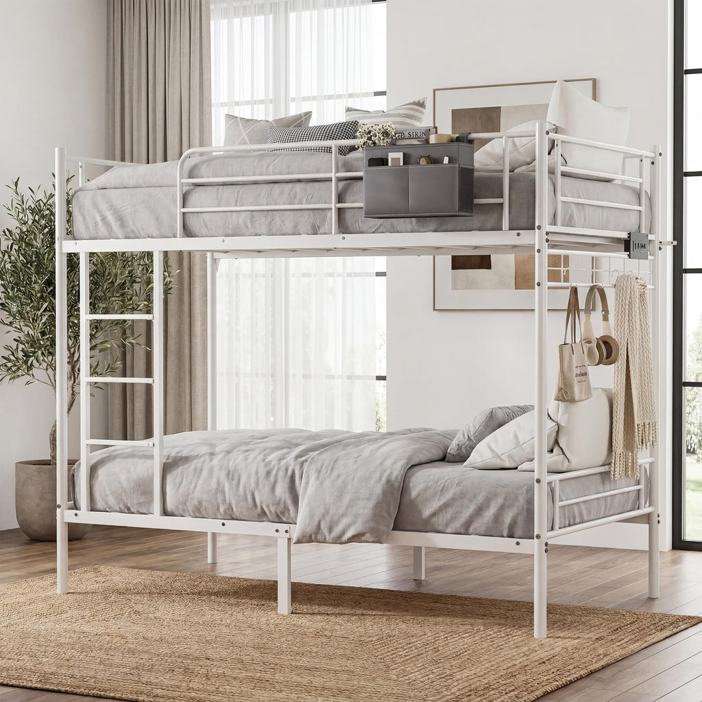 White Twin Over Twin Bunk Bed with LED Lights and Charging Station L183