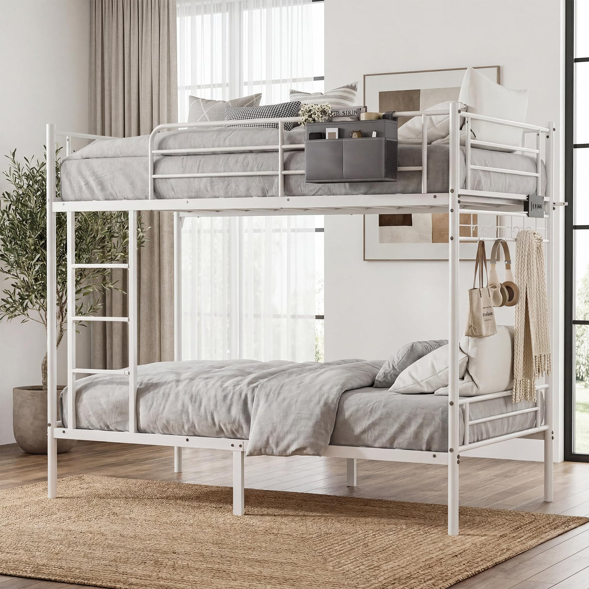 White Twin Over Twin Bunk Bed with LED Lights and Charging Station L183