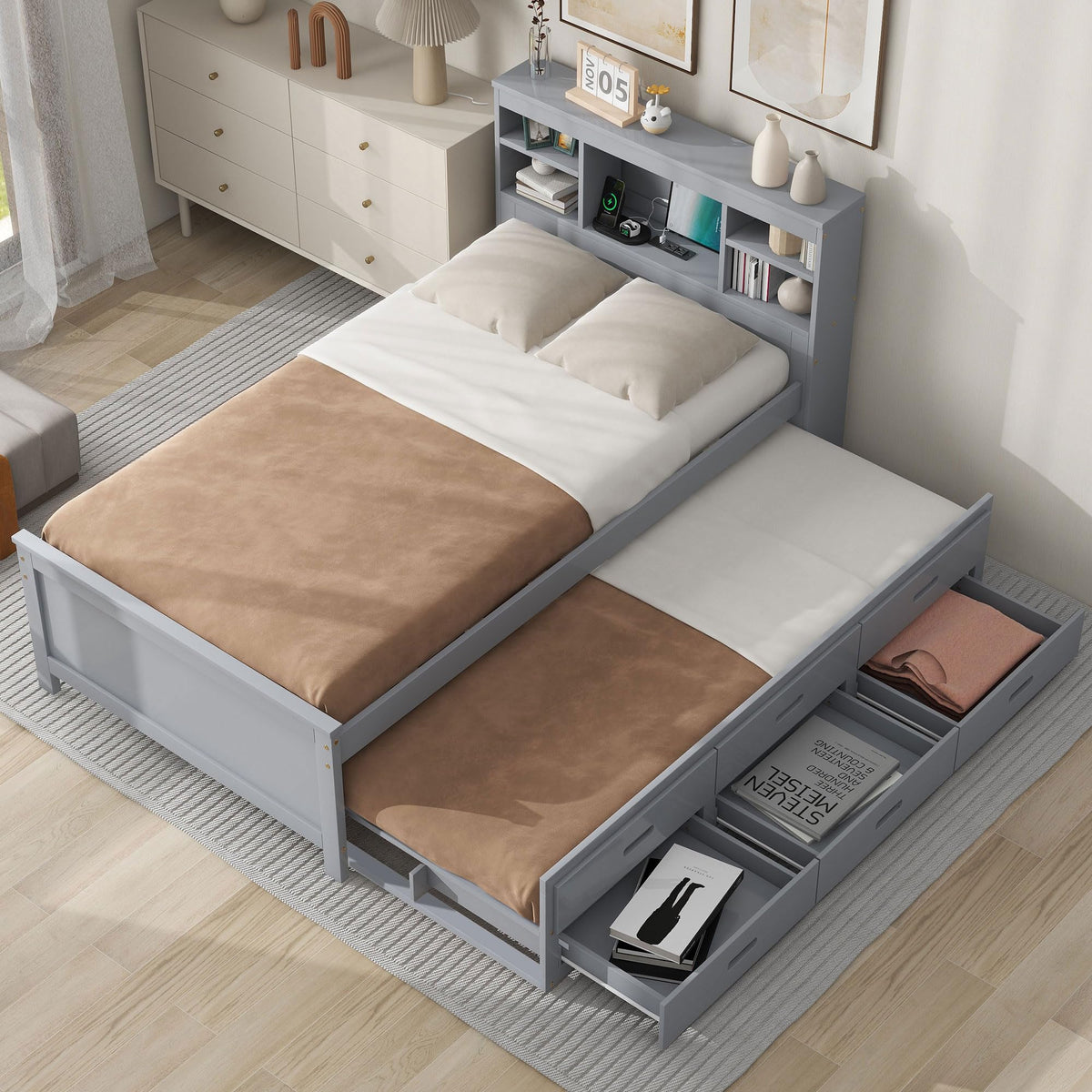 Twin Size Platform Bed with Storage Headboard, Trundle and 3 Drawers, Gray D785977