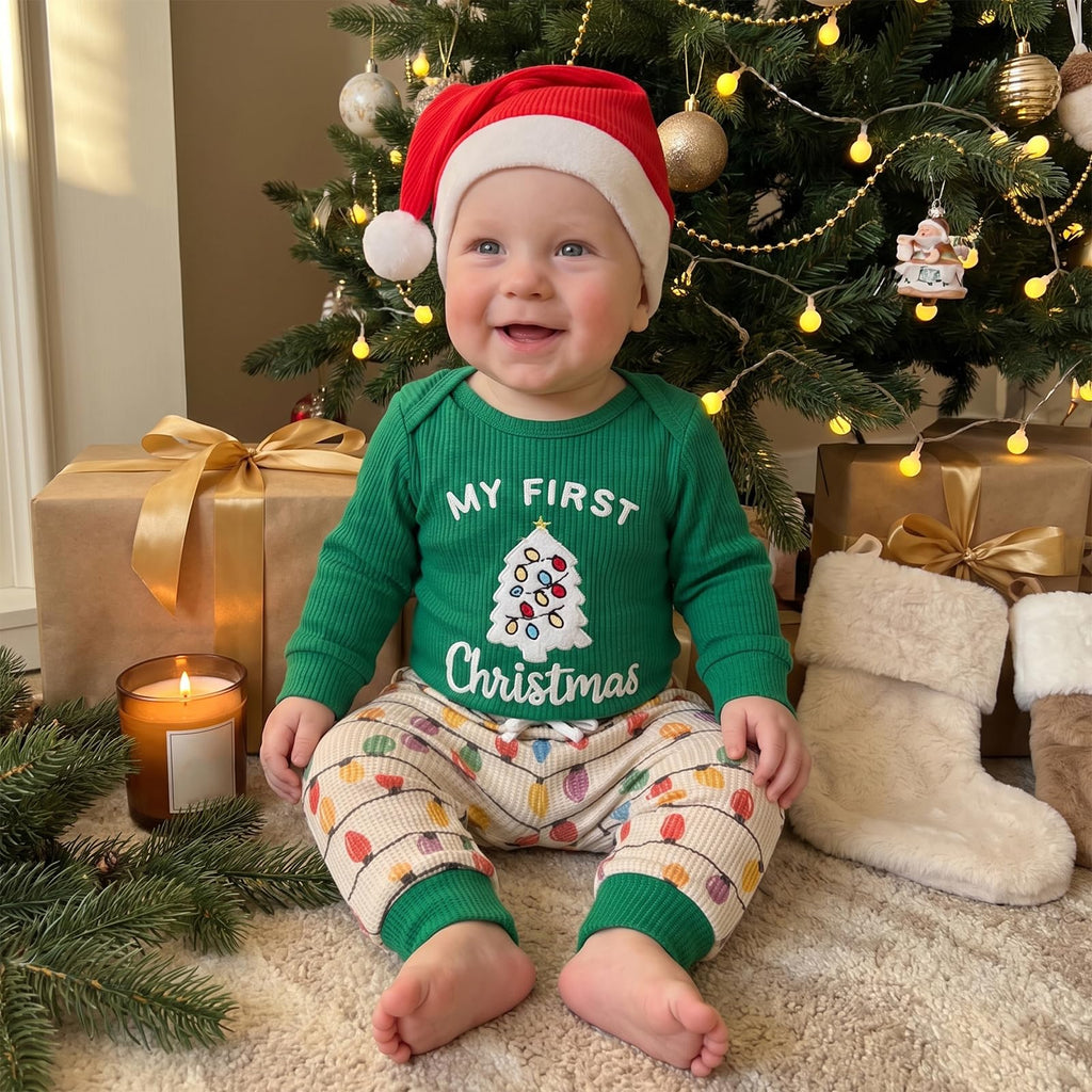 Christmas Baby Boy Outfit Romper Pants Hat Set 0-12M C193