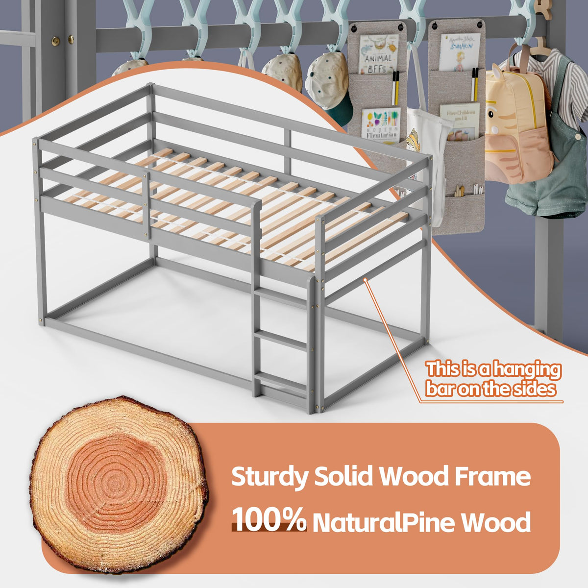 Low Twin Over Twin Wooden Bunk Bed with Ladder and Guardrails J591833