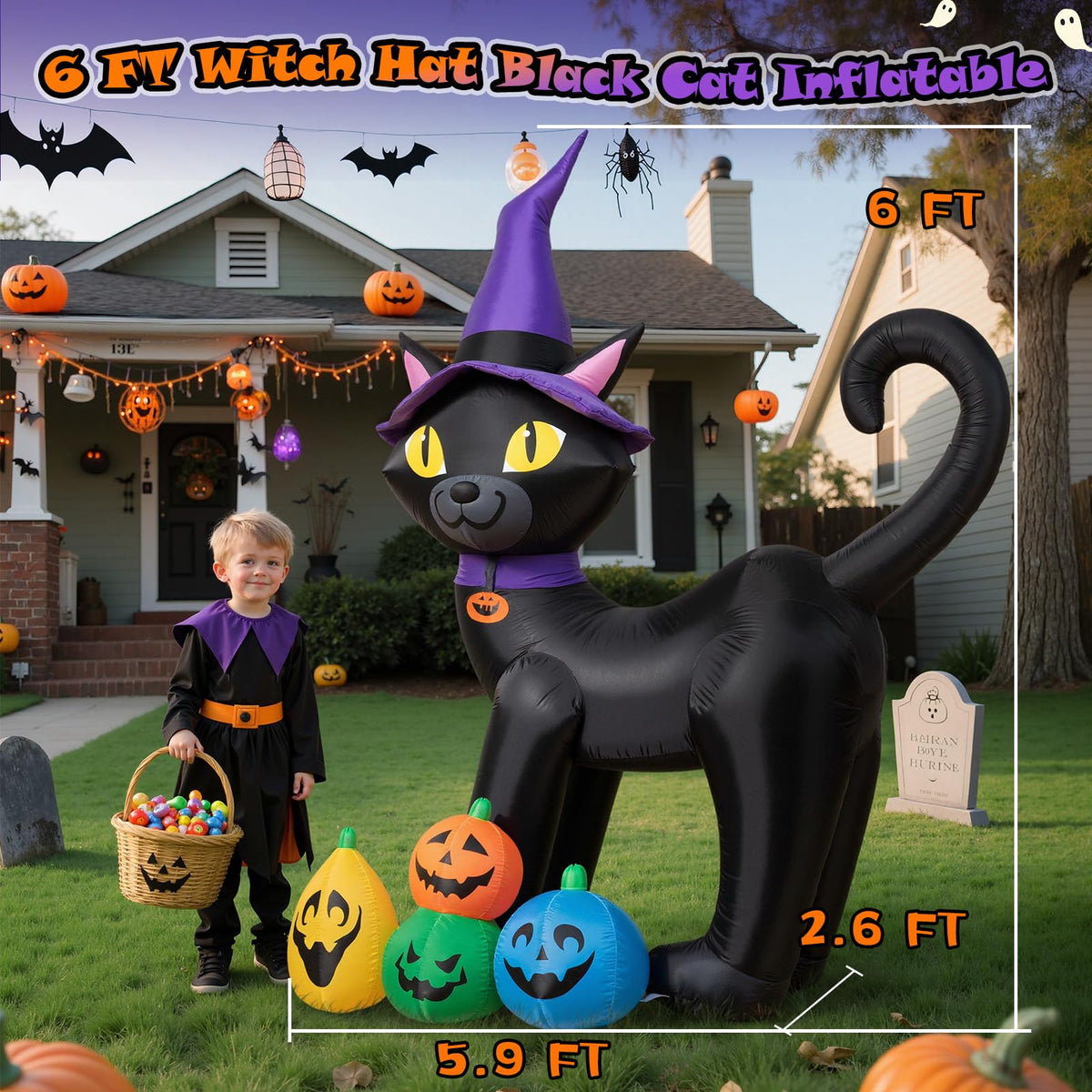 6FT Inflatable Black Cat with Witch Hat and 4 Pumpkins K454