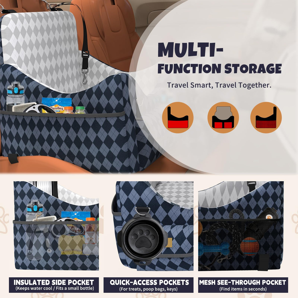 Memory Foam Dog Booster Seat with Safety Belt T7942