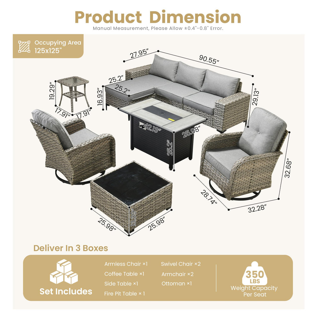 Charcoal Grey 9 Pieces Wicker Outdoor Sectional Sofa Set with Fire Pit Table J1889