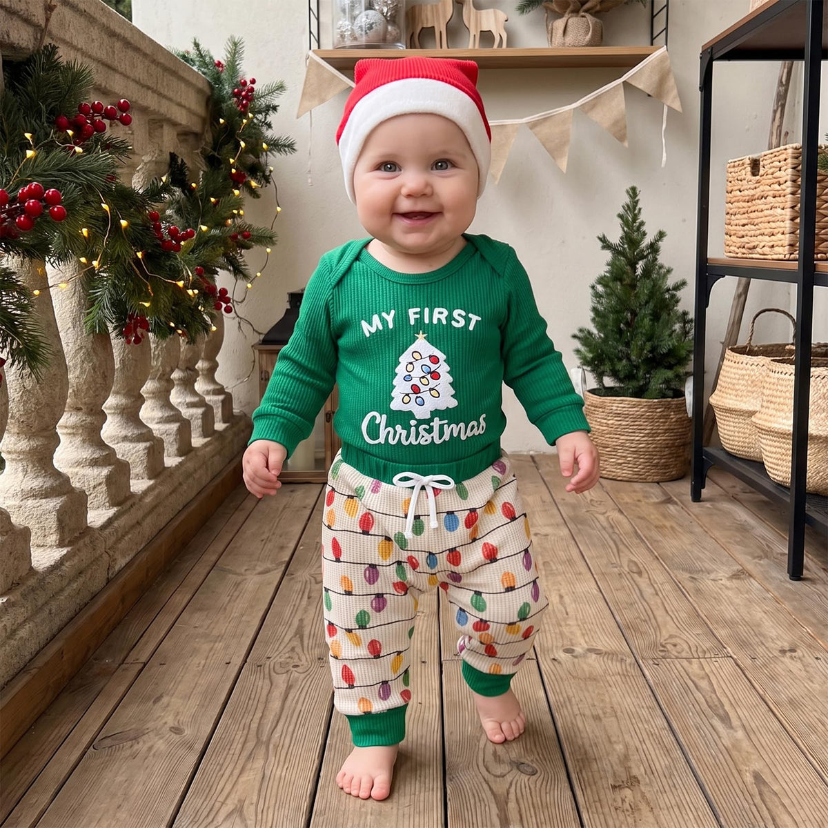 Christmas Baby Boy Outfit Romper Pants Hat Set 0-12M C193