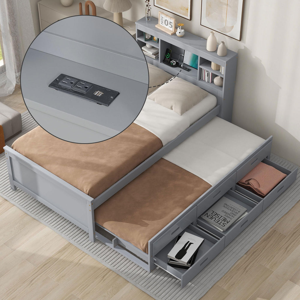 Twin Size Platform Bed with Storage Headboard, Trundle and 3 Drawers, Gray D785977