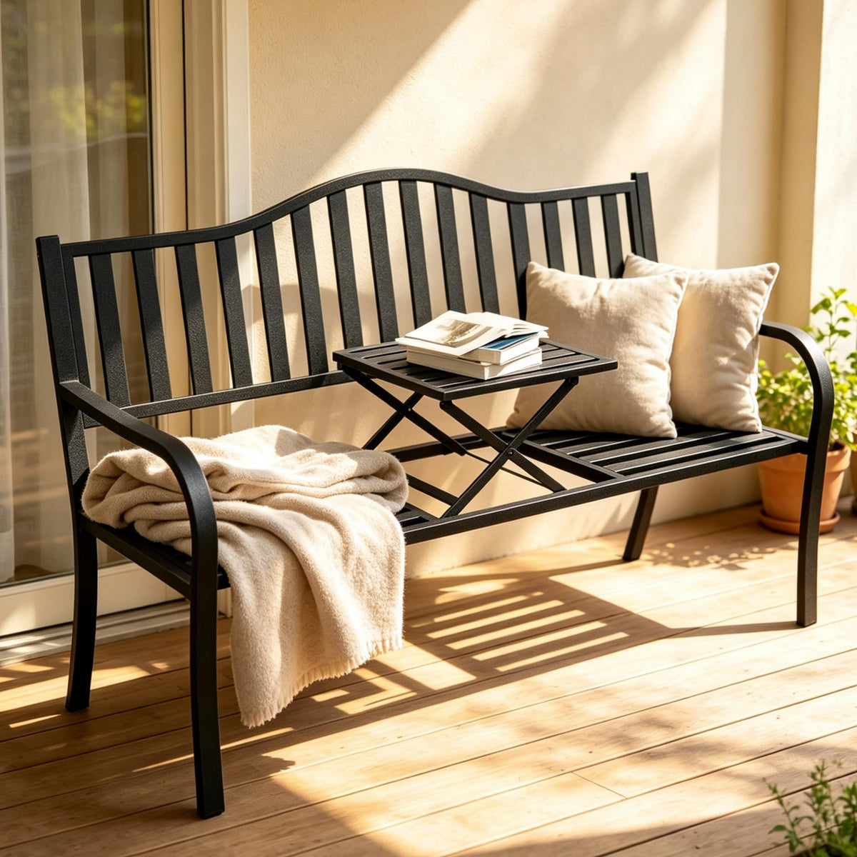 59 Inches Metal Outdoor Bench with Pull-Out Table D733