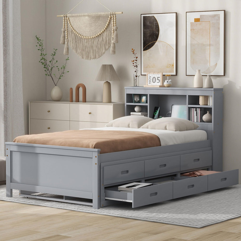 Twin Size Platform Bed with Storage Headboard, Trundle and 3 Drawers, Gray D785977