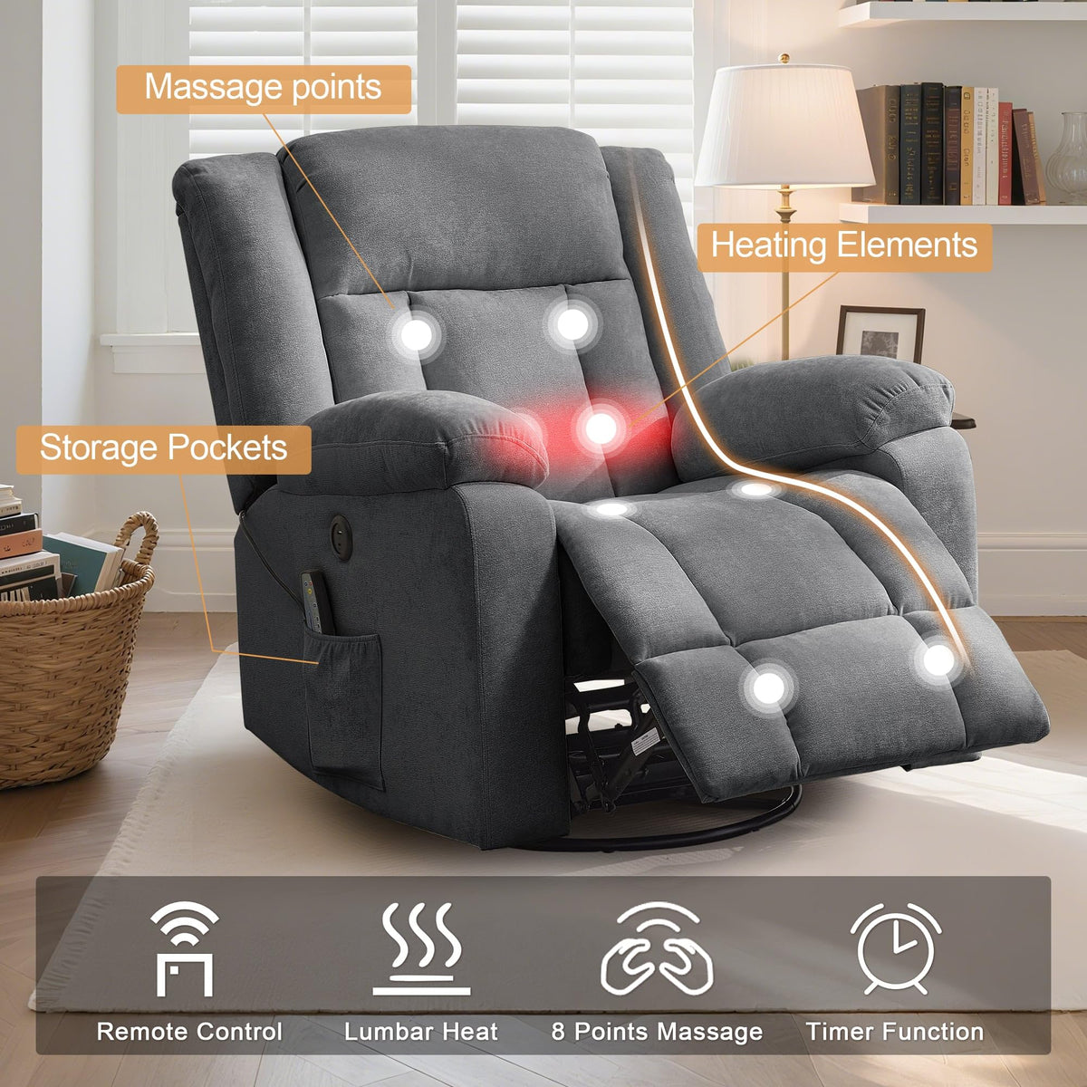 Grey Swivel Rocker Recliner with Massage and Heating E26613