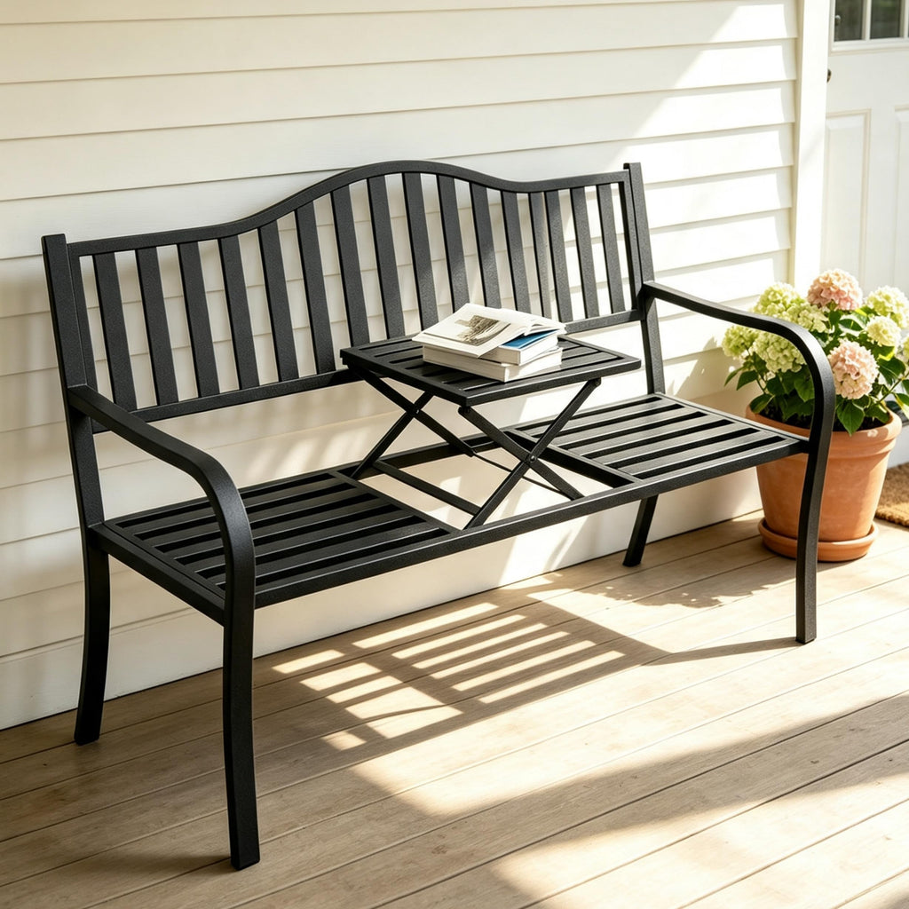 59 Inches Metal Outdoor Bench with Pull-Out Table D733