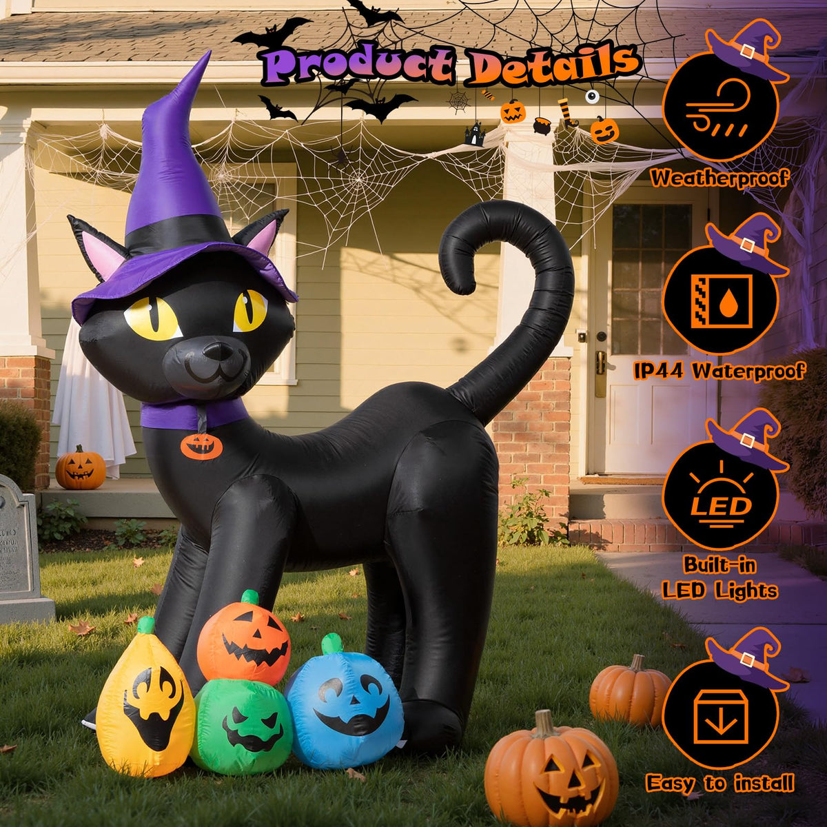6FT Inflatable Black Cat with Witch Hat and 4 Pumpkins K454