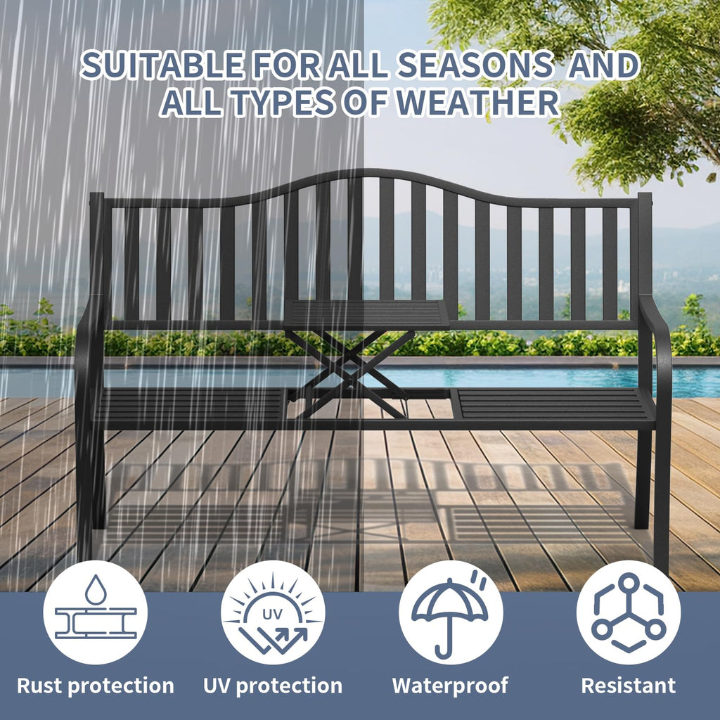 59 Inches Metal Outdoor Bench with Pull-Out Table D733