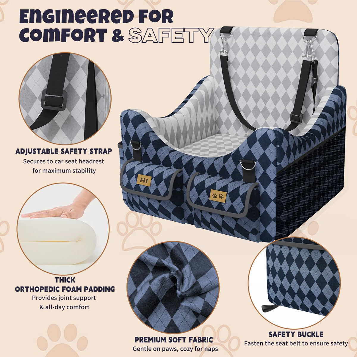 Memory Foam Dog Booster Seat with Safety Belt T7942