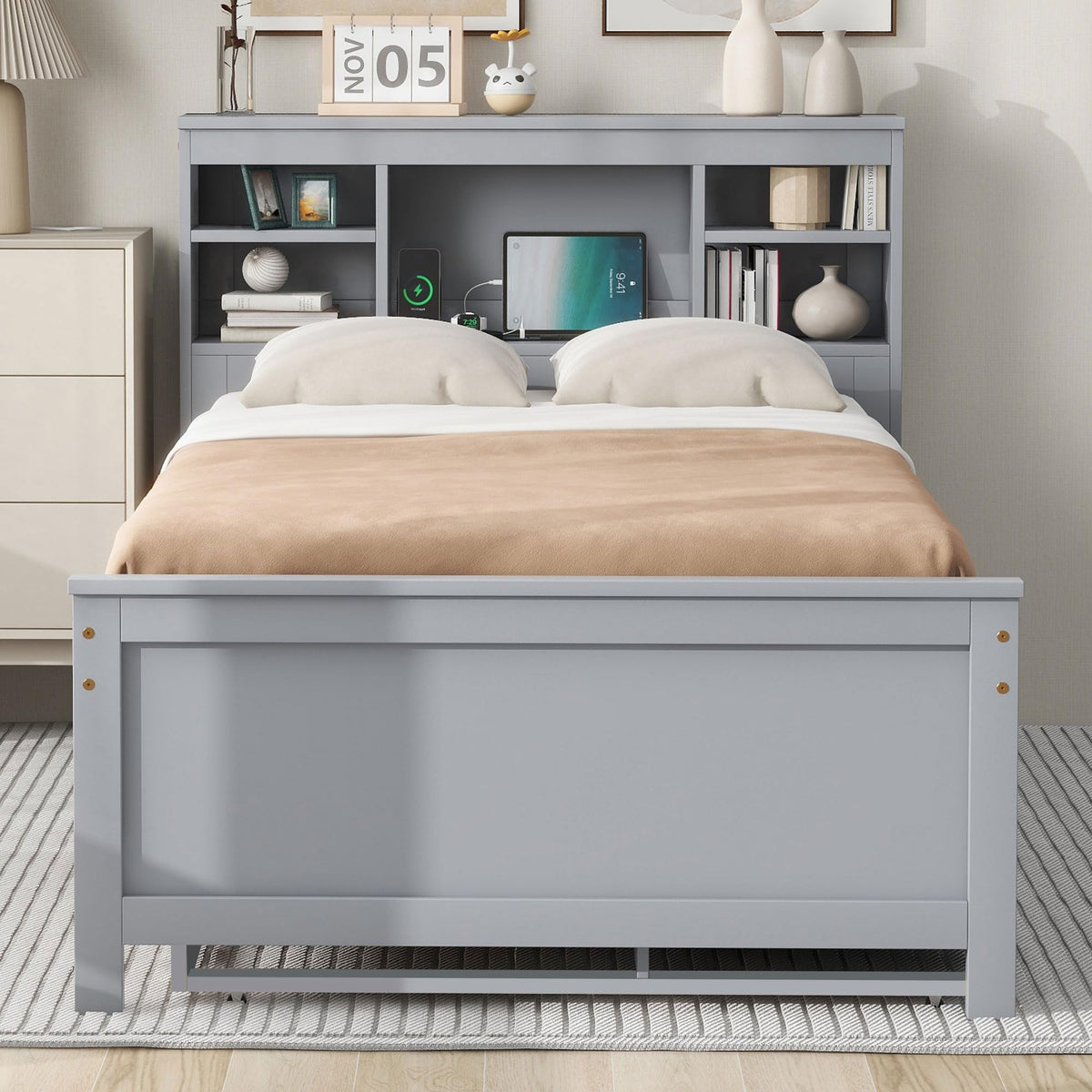 Twin Size Platform Bed with Storage Headboard, Trundle and 3 Drawers, Gray D785977