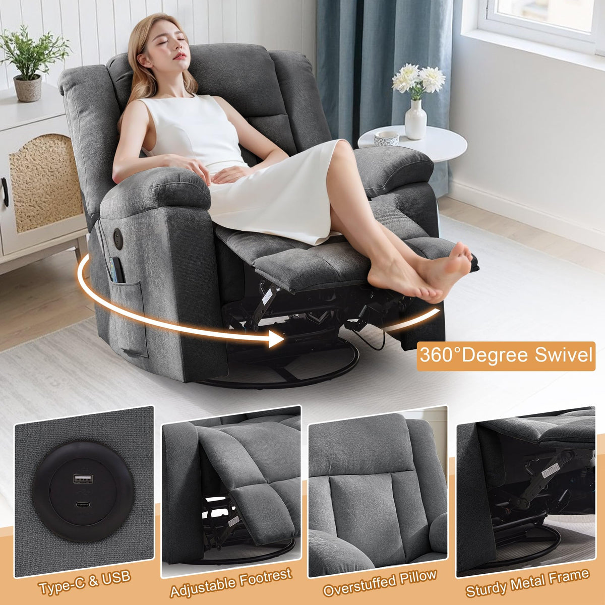 Grey Swivel Rocker Recliner with Massage and Heating E26613