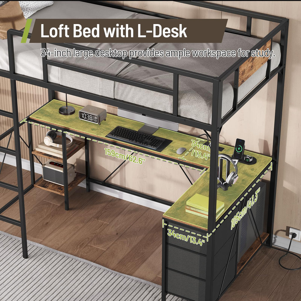 Twin Size Metal Loft Bed with L-Shaped Desk, 3 Storage Drawers, LED Light & Ladder U37846